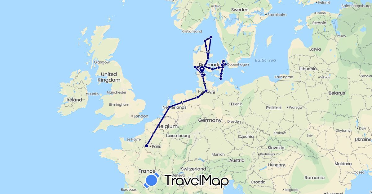 TravelMap itinerary: driving in Germany, Denmark, France, Netherlands (Europe)
